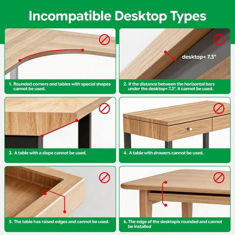 Incompatible desks for Under Desk Organizer With Heavy Duty C Clamp, adjustable height keyboard and mouse shelf, showing various desk types.
