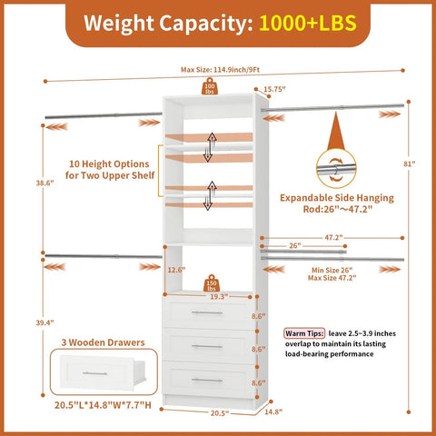 Walk In Closet Organizer Tower With Adjustable Shelves And Four Expandable Hanging Rods, Modular Drawer Closet System in White