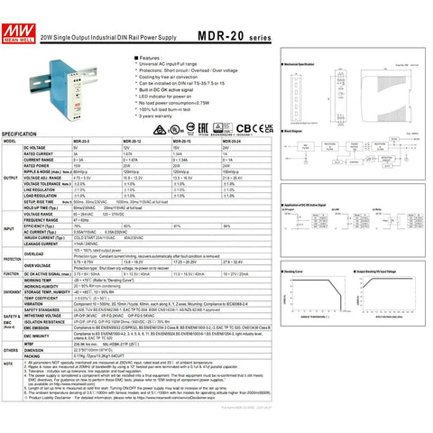 MDR-20-24 24VDC DIN Rail Power Supply 1A 20W Boss Level Efficiency And Reliable Industrial Grade For Automation Panels And Machinery With Stable Output, spec sheet
