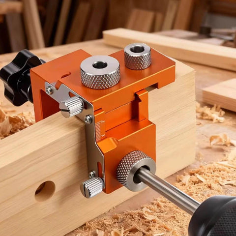 Double Hole Positioning Locator Drill Guide Jig With Adjustable Clamping For 15-25mm Board Thickness And 20-33mm Connector Length used on wood