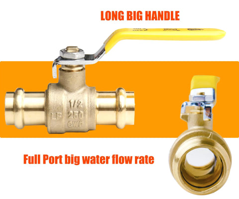Press Ball Valve Fittings One Half Inch Lead Free Brass 10 Pack For Copper Tubing Water HVAC And Heating Systems, side and top view