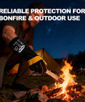 Person using 16 Inch Extreme Heat Resistant Leather Welding Gloves With Kevlar Reinforcement And Double Stitching For Mig Tig Stick Welding, Forge, Bbq, Grill, Fireplace, Wood Stove, Furnace, Oven And Safe, Loving Pet Care near campfire at night.
