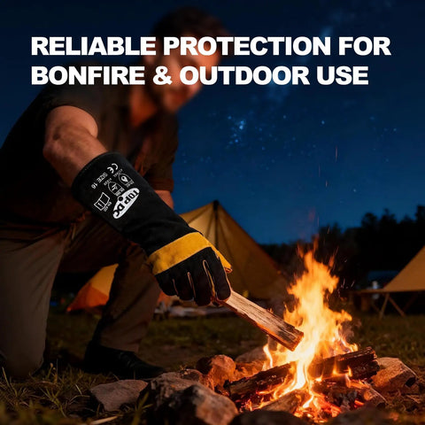 Person using 16 Inch Extreme Heat Resistant Leather Welding Gloves With Kevlar Reinforcement And Double Stitching For Mig Tig Stick Welding, Forge, Bbq, Grill, Fireplace, Wood Stove, Furnace, Oven And Safe, Loving Pet Care near campfire at night.