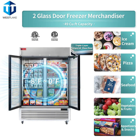 Rock Solid 54 Inch Wide Commercial Display Freezer Featuring Double Glass Doors And Anti Fingerprint Stainless Steel Build Straight Up For Boutiques Stores And Restaurant Bars with open doors displaying frozen foods.
