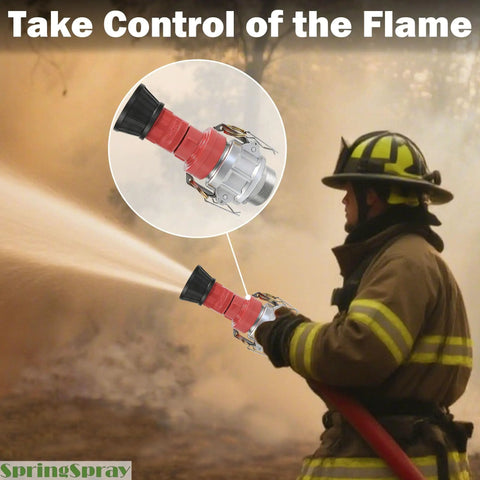 Firefighter using Built Tough 2-Inch NPSH Fire Hose Nozzle with Aluminum Camlock Fittings to control flames