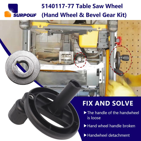 Replacement Table Saw Hand Wheel And Bevel Gear Kit For DeWalt Saws Like DW745 type 1-3, handwheel and bevel gear shown installed