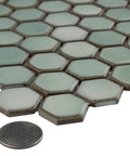Mint Green Hex Porcelain Mosaic Tile For Floors And Walls, 1 Inch Hex, Mesh Mounted, Glossy Finish With Subtle Tone Variation and coin