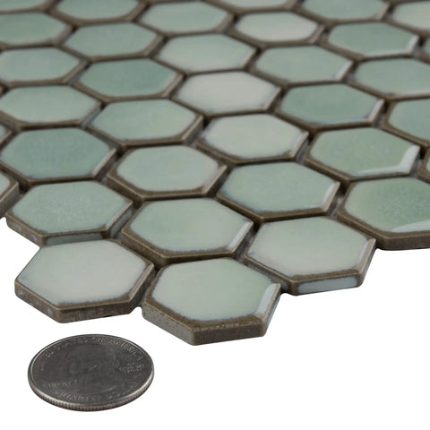 Mint Green Hex Porcelain Mosaic Tile For Floors And Walls, 1 Inch Hex, Mesh Mounted, Glossy Finish With Subtle Tone Variation and coin