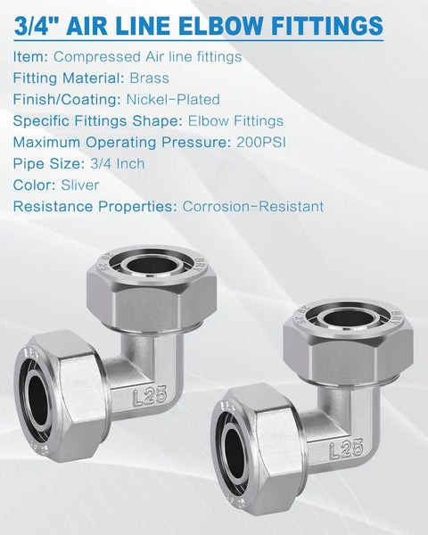 Two Pack Three Quarter Inch Brass Nickel Plated Elbow Air Fittings With Quick Connect Beefed Up Pro Grade Quality 200 PSI Working Pressure Heavy Duty Shop And Garage Air Line System Kit