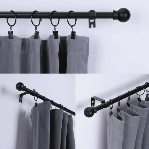 Five Eighth Inch Matte Black Heavy Duty Stainless Steel Curtain Rods You Can Extend From 48 To 92 Inches installed with grey curtains
