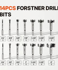 Workhorse 14 Piece Forstner Bit Set Crafted From Heavy Duty High Speed Steel With Black Phosphate Finish And Razor Sharp Pilot Guide Rings For Flawless Flat Bottom Wood Drilling Across Cabinetry Projects showing various sized bits from 1/4" to 2".