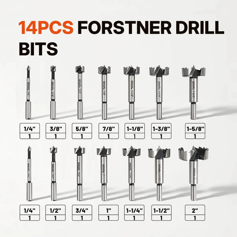 Workhorse 14 Piece Forstner Bit Set Crafted From Heavy Duty High Speed Steel With Black Phosphate Finish And Razor Sharp Pilot Guide Rings For Flawless Flat Bottom Wood Drilling Across Cabinetry Projects showing various sized bits from 1/4" to 2".
