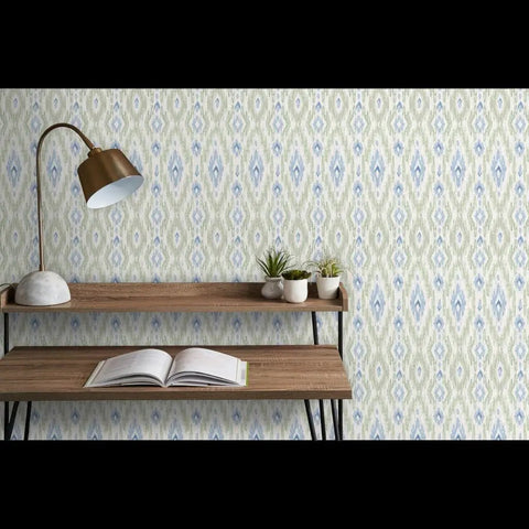 Straight Up Heavy Duty Ikat Stripes Wallpaper With Faux Pvc Free Matte Linen Texture in a home office setup.