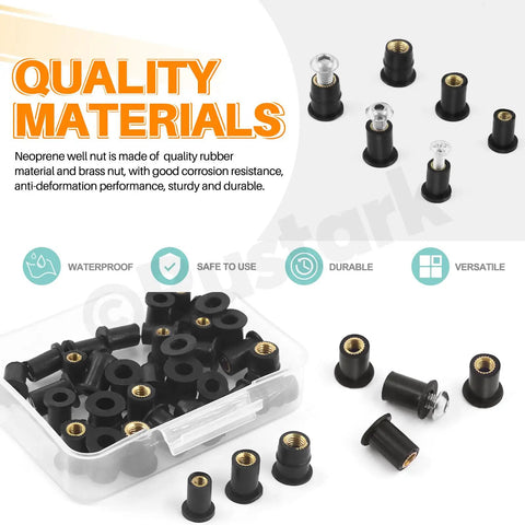 Comprehensive Rubber Well Nuts Kit M4 M5 M6 With Black Neoprene Expansion Nuts Brass Nuts For Fairings And Windshields Kayak Motorcycle Boat Installation DIY Gear A Go To Must Have For Marine And Automotive Projects Including Fairings And Dashboard Mounts