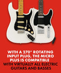 Two electric guitars with Mustang Micro Plus Headphone Amplifier With Bluetooth Streaming, 25 Amp Models And 25 Effects attached.