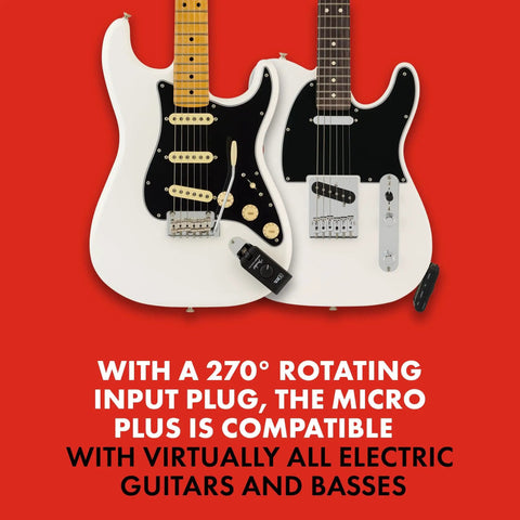Two electric guitars with Mustang Micro Plus Headphone Amplifier With Bluetooth Streaming, 25 Amp Models And 25 Effects attached.