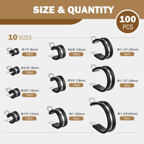 Heavy Duty Cable Clamps Kit, 100 Piece Set in Ten Sizes for Pipe, Hose, and Wire Management, Stainless Steel with Rubber Liner