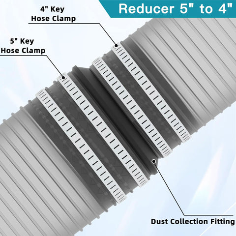 Essential 5 In To 4 In Hose Reducer Adapter showing hose clamps, seamless integration for dust collection systems with durable ABS material.