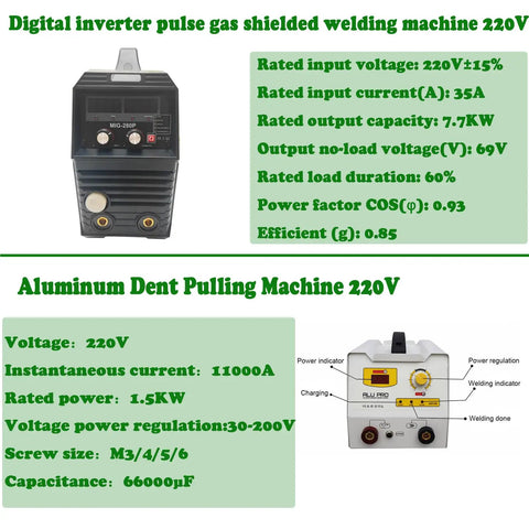 Image showing specifications for Aluminum Spot Welder Dent Puller for Auto Body Repair and inverter welding machine.