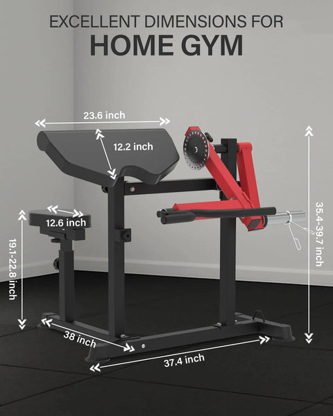 2 In 1 Bicep And Tricep Curl Machine With Adjustable Preacher Arm And Plate Loaded Design For Home Gym Red dimensions diagram