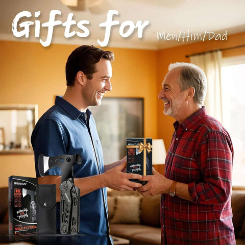 Front view of a 16-in-1 camping multitool with axe, hammer, pliers, saw and screwdrivers in a nylon sheath