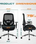 Heavy Duty 750Lb Big And Tall Office Chair With Wide Thick Seat Cushion showing front and side dimensions