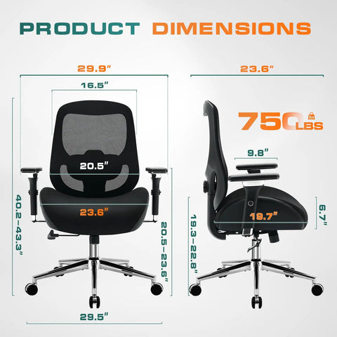Heavy Duty 750Lb Big And Tall Office Chair With Wide Thick Seat Cushion showing front and side dimensions