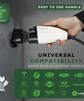 Hand holding Level 2 Portable Electric Vehicle Charger With 16 Amp Output And 30 40 Or 50 Foot Cables Plug And Play Universal Compatibility For All EVs And PHEVs next to car