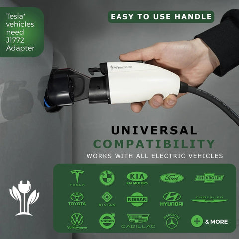 Plug And Play Heavy Duty Level 2 Electric Vehicle Charger With 240 Volt 16 Amp Portable EVSE Smart Charging Cable Nema 10 50P For All Electric Cars And Hybrids 35 Ft Cable with easy grip handle for universal compatibility.