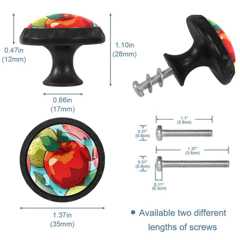 4 Piece Cabinet Knob Set For Drawers And Cupboards, Round Drawer Pulls With Screws, apple design, shown with measurements and screws