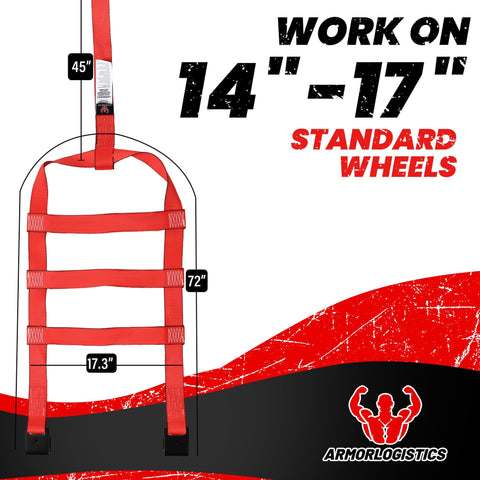 Illustration of Beefy 2 Pack Tow Dolly Straps With Flat Hooks For 14 To 17 Inch Wheels, 10000 Lbs Break Strength, dimensions shown