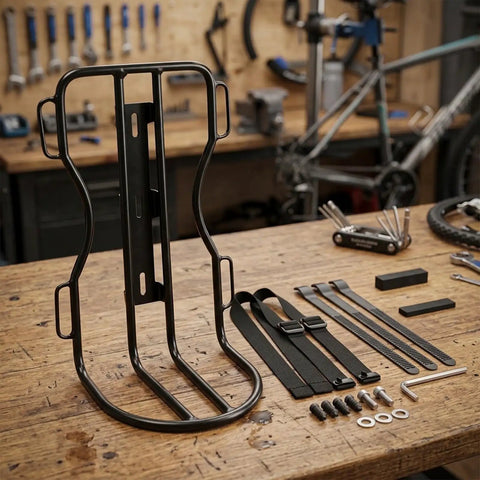 Check Out This Awesome 10 Liter Front Fork Bag That Slaps On Any Bike Scooter Or Ebike For Total Stability Plus The Heavy Duty Alu Rack Holds Your Gear Tight Without Flopping Around. black aluminum front fork rack kit with straps and hardware for bike storage
