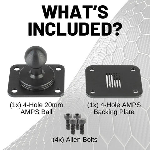 Beefy 4 Hole AMPS Base Mount With 20mm Ball, Metal Backing Plate, Vibration Dampening Pad, Heavy Duty Aluminum Mounting Bracket