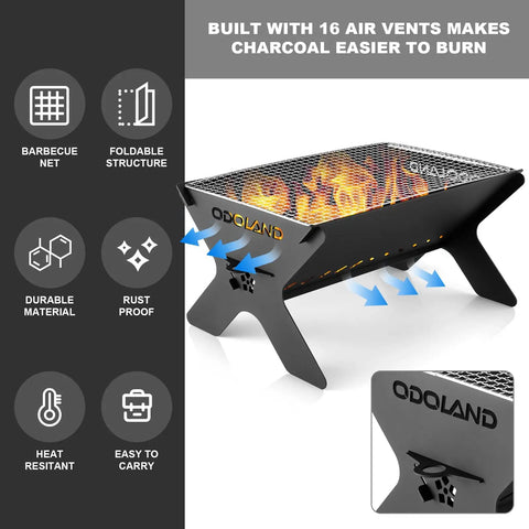 Portable Folding Charcoal Grill For Outdoor Cooking And Campfires Lightweight Fire Pit With air vents and branded logo.