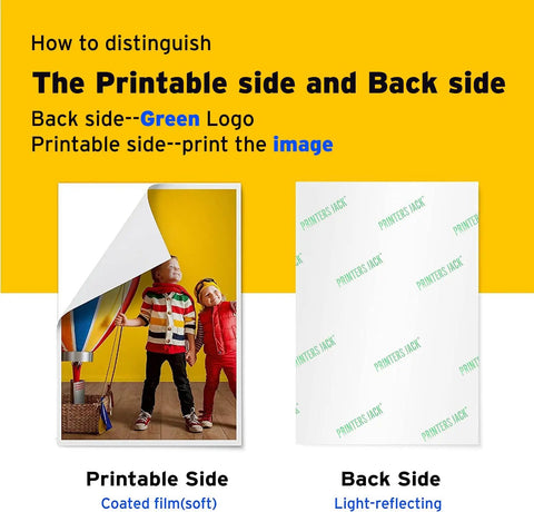 Instruction sheet showing printable and back side of Dark Fabric Iron On Heat Transfer Paper For Inkjet Printers 20 Sheets.