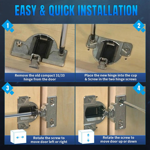 8 Pack Cabinet Hinges Replacement For Compact 31 And 33 Self Closing 110 Degree And 120 Degree Screw On With Wood Screws Included Mounting Plate Not Included Direct Replacement For Older Compact 31 Hinges Requires Re drilling Of Wood Screw Holes. installed on wood cabinet door