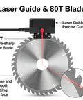 Heavy Duty Pro Grade Sliding Compound Miter Saw With Dead On Laser Guide 12 Inch 80 Tooth Blade showing ultra-sharp 80T blade and laser guide.