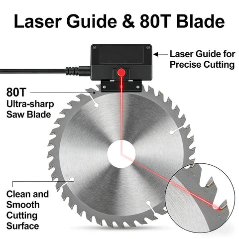 Heavy Duty Pro Grade Sliding Compound Miter Saw With Dead On Laser Guide 12 Inch 80 Tooth Blade showing ultra-sharp 80T blade and laser guide.