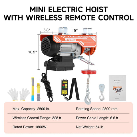 CREWORKS electric hoist, 2500 lb capacity, orange/black ceiling winch with wireless remote