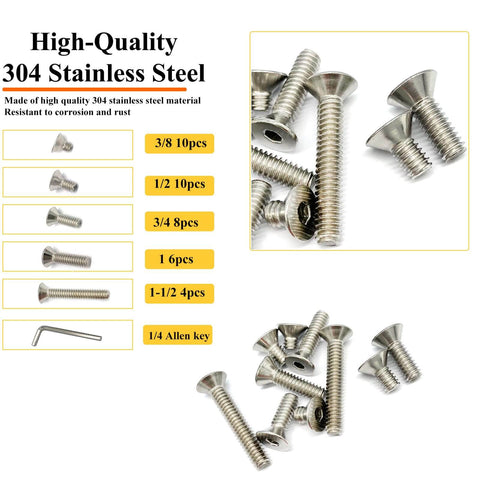 38 Piece Stainless Steel Socket Cap Screws Set With Countersunk Heads 1/4-20 Thread Five Sizes And Allen Keys Includes 3/8 1/2 3/4 1 And 1-1/2 Inch Lengths Corrosion Resistant 304 Stainless Hardware Kit For DIY shown with screws and Allen key