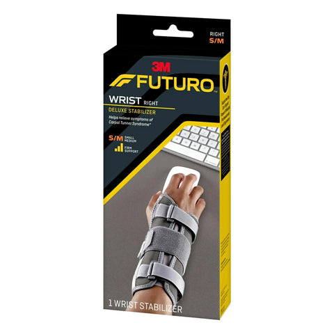 Packaging of Deluxe Wrist Stabilizer For Right Hand, Adjustable Straps, Breathable All Day Comfort, Sized Small to Medium, S/M