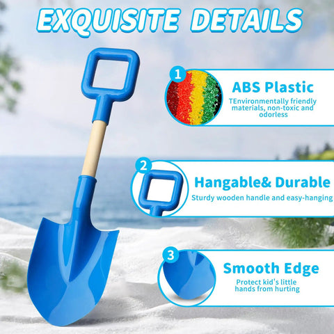 16 Inch Beach Sand Shovel Toy For Kids, Jumbo Garden Scoop Tool Kit, blue shovel with wooden handle on sandy beach