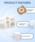 Product features of 12 Pack Shop Vac Vacuum Bags For 10 14 Gallon Heavy Duty Type F And Type I with labels showing dust prevention, double-layer structure, and large capacity.