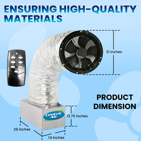 Ultra Quiet Whole House Fan With Remote Control features dimensions of 21 inches fan, 28 inches duct for efficient cooling.