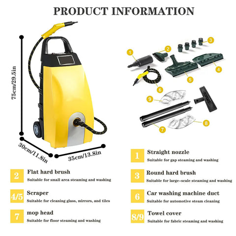 Real Deal Heavy Duty Steam Cleaner 3000W With 3.5L Tank Fires Up 230F Vapor To Blow Away Grease And Tough Grime On Tile And Carpets with attachments.