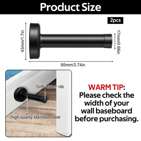 Two Pack Matte Black Long Door Stoppers With Rubber Padded Tip, Wall Mountable Stainless Steel, Brushed Finish, Quiet Door Stops That Stop Wall Dings and Noise, Keeping Walls Safe in Living Rooms, Hallways, and Offices, dimensions shown.