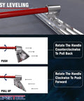 Aluminum Magnesium Alloy Concrete Float Workhorse With Round End And Adjustable Bracket 48 By 8 Inch Finish Tool with instructions on handle rotation for leveling.