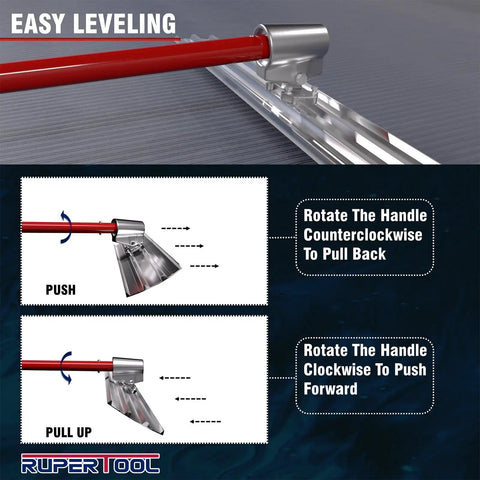 Aluminum Magnesium Alloy Concrete Float Workhorse With Round End And Adjustable Bracket 48 By 8 Inch Finish Tool with instructions on handle rotation for leveling.