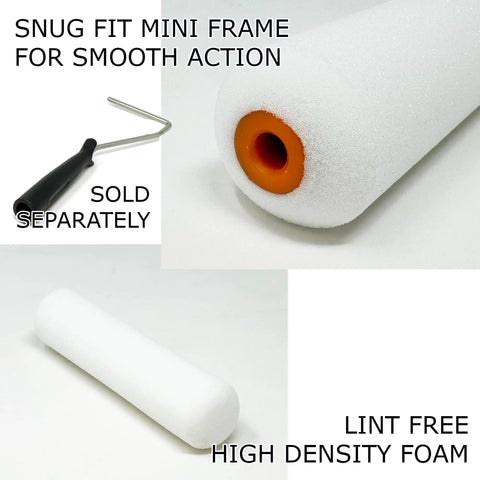 Heavy Duty 4 Inch Foam Paint Roller Covers 576 Bulk Case Shedless Design Super Slick Roll For Cabinet Doors And Trim Detailing Oil Water Based Paint Zero Mess Workshop Finish, high density foam roller end with orange hub.