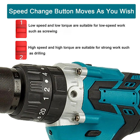 Heavy Duty Cordless Drill Featuring Slick Stepless Speed Toggle And Built In Led Work Light Includes Dual One Point Five Ah Packs Alongside Rugged Gear Case close-up of speed change button and torque settings.